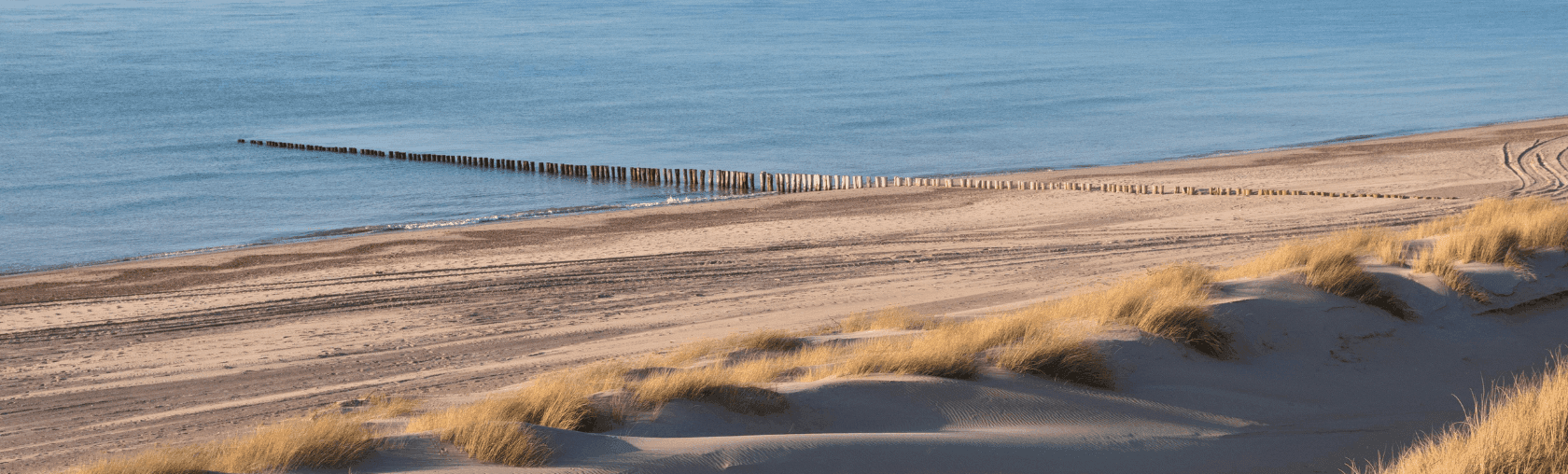 Sandy beach with golden dunes and wooden groynes extending into a calm blue sea.